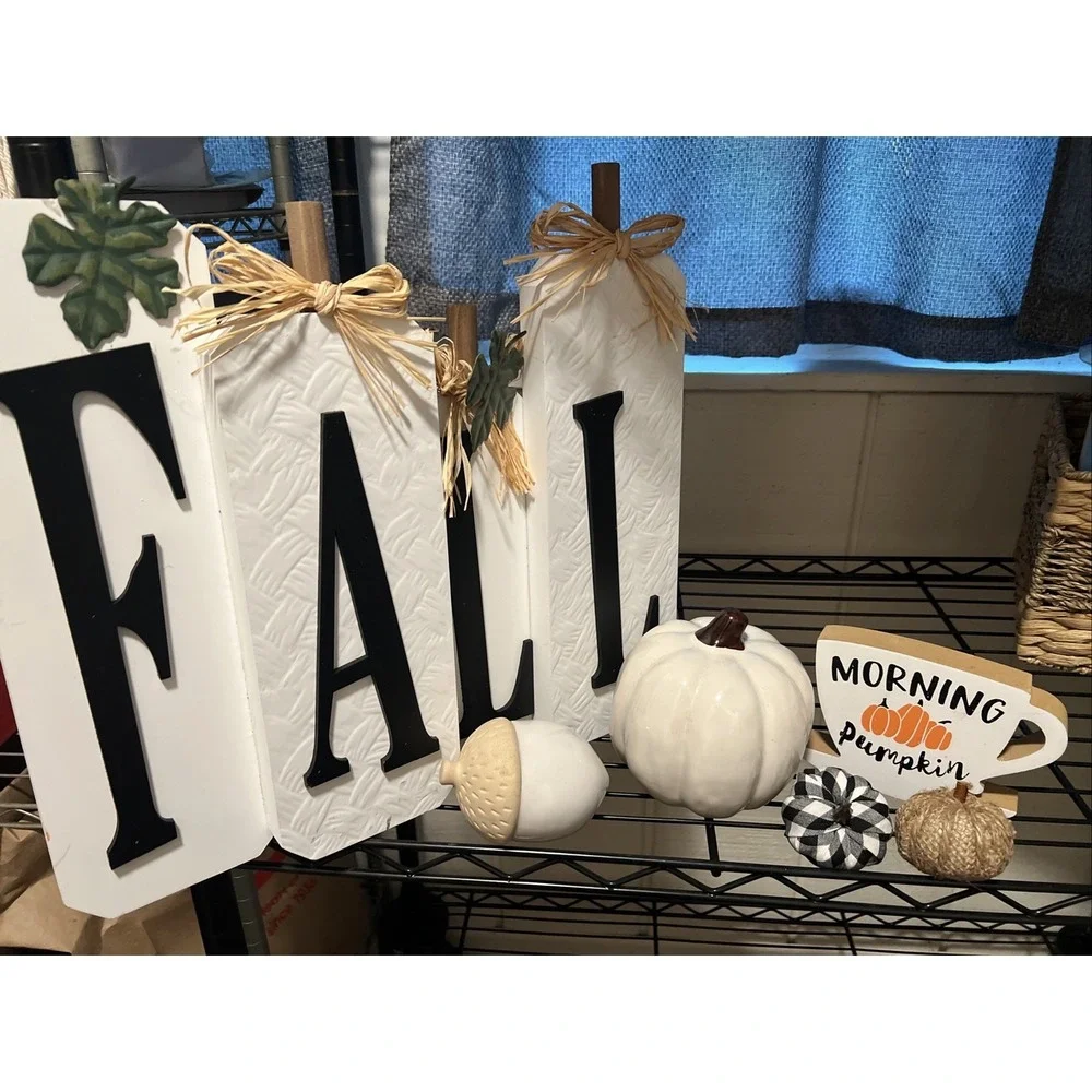 Wood Fall Sign, Porcelain Pumpkin, Porcelain Acorn, Wood Pumpkin Sign